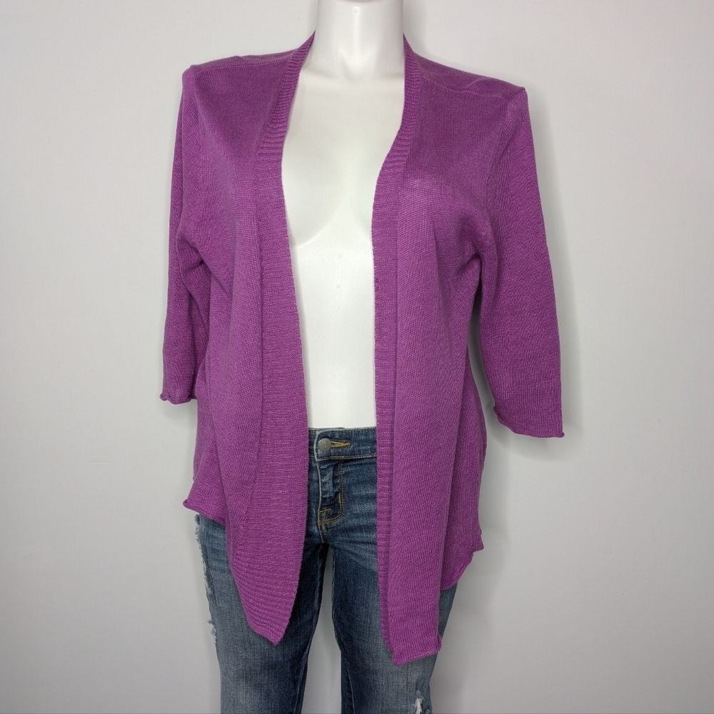 Eileen Fisher Purple Knit 1/2 Sleeve Linen Open Cardigan Sweater XL